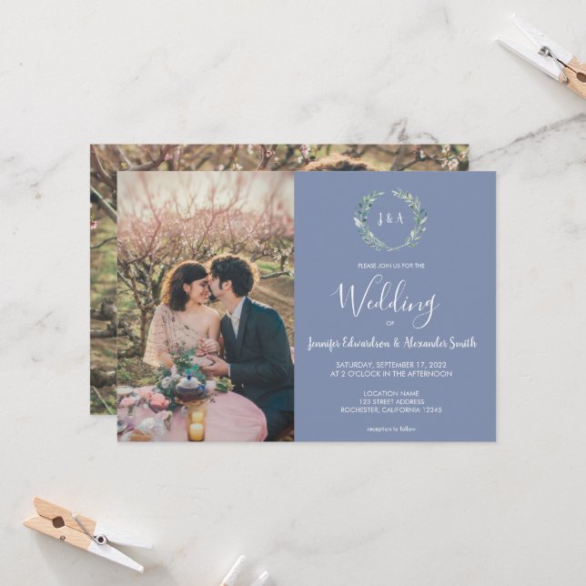 Invitation Mariage photo de couleur d'eau rustique feuille mo (Devant/Arrière en situation)