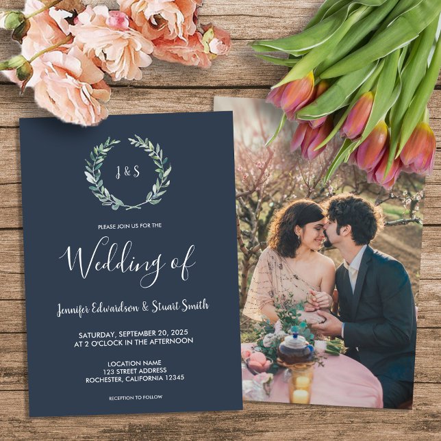 Invitation Mariage photo de couleur d'eau rustique feuille mo (Rustic watercolor leaves monogram photo country Wedding Invitation.)