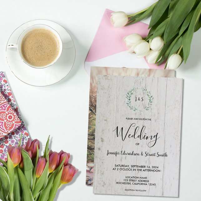 Invitation Mariage photo de couleur d'eau rustique feuille mo (Rustic watercolor leaves on barn wood monogrammed photo Wedding Invitation.)