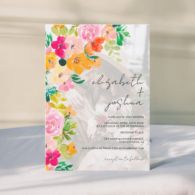 Invitation Mariage photo de couleur florale de boho d'été (Summer boho floral watercolor photo wedding invitation)