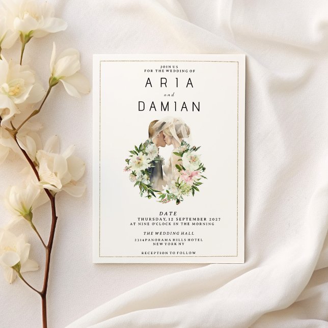 Invitation Mariage photo de couple couleur rose pinte (Mint pink white floral couple photo Wedding)