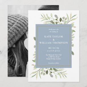 Invitation Mariage photo de feuillage de verdure bleu poussié