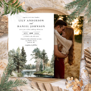 Invitation Mariage photo de forêt de lac à l'aquarelle