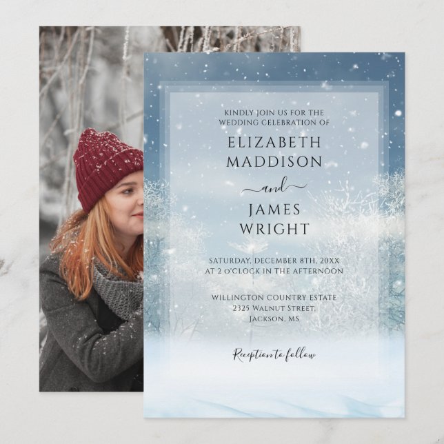 Invitation Mariage Photo de forêt enneigée en hiver (Devant / Derrière)