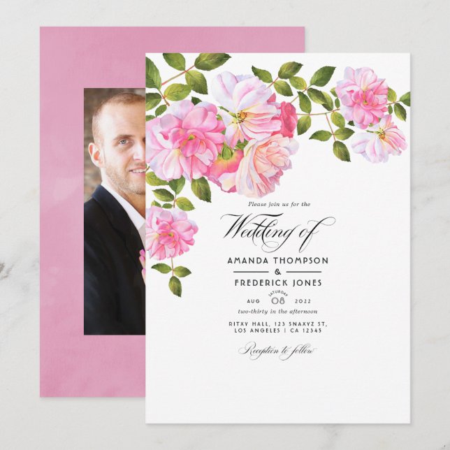 Invitation Mariage photo de jardin de roses roses (Devant / Derrière)