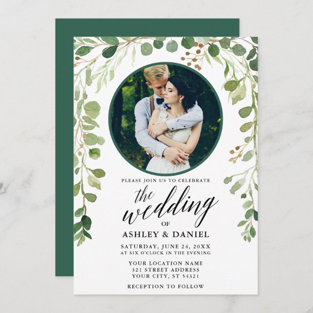 Invitation Mariage photo de la calligraphie végétale verte (Devant / Derrière)