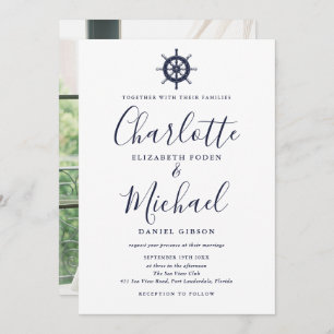 Invitation Mariage photo de la flotte Bleu Script Nautique Ba
