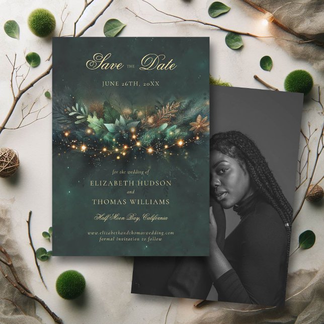 Invitation Mariage photo de la forêt de Fairytale enchantée D (wedding save the date enchanted forest fairytale magical garden fairy lights gold calligraphy)