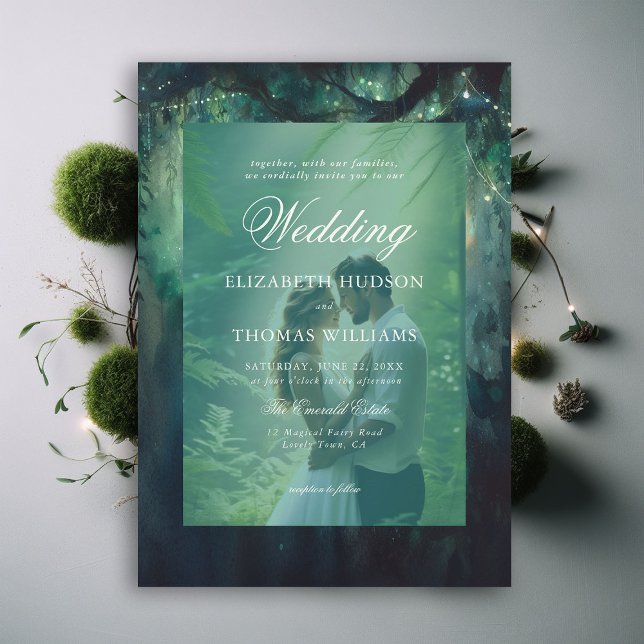 Invitation Mariage photo de la forêt enchantée accrochant la  (enchanted forest photo wedding invitation magical garden fairy lights hanging vines greenery emerald)
