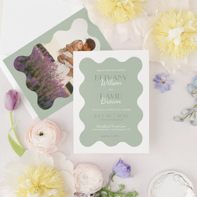 Invitation Mariage photo de la frontière moderne Sage Green W (Créateur téléchargé)