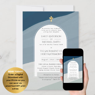 Invitation Mariage photo de la messe nuptiale catholique Blue