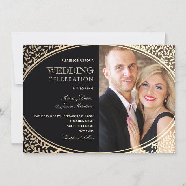 Invitation Mariage photo de luxe noir et or (Devant)