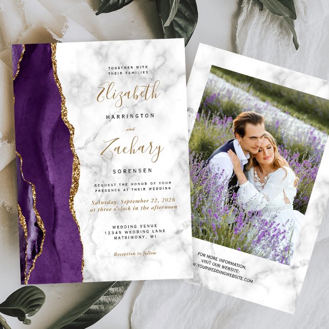 Invitation Mariage Photo de Marbre d'agate dorée violette mod (Créateur téléchargé)