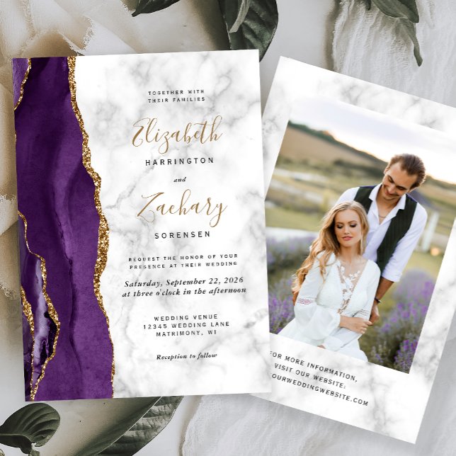 Invitation Mariage Photo de Marbre d'agate dorée violette mod (Créateur téléchargé)