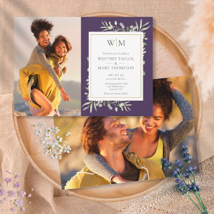 Invitation Mariage Photo de Monogramme de Verdure Violet