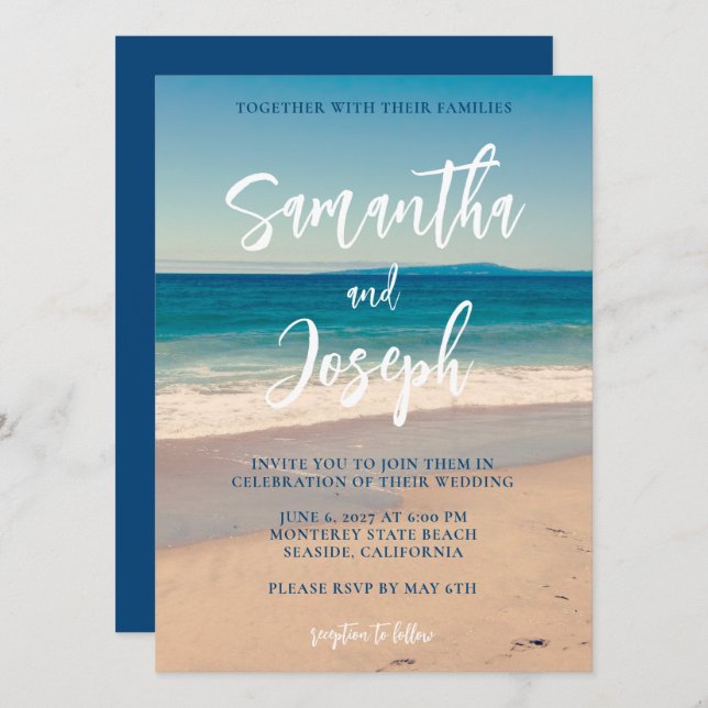 Invitation Mariage photo de plage Deep Blue (Devant / Derrière)