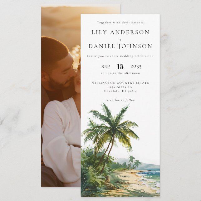 Invitation Mariage photo de plage tropicale à l'aquarelle (Devant / Derrière)