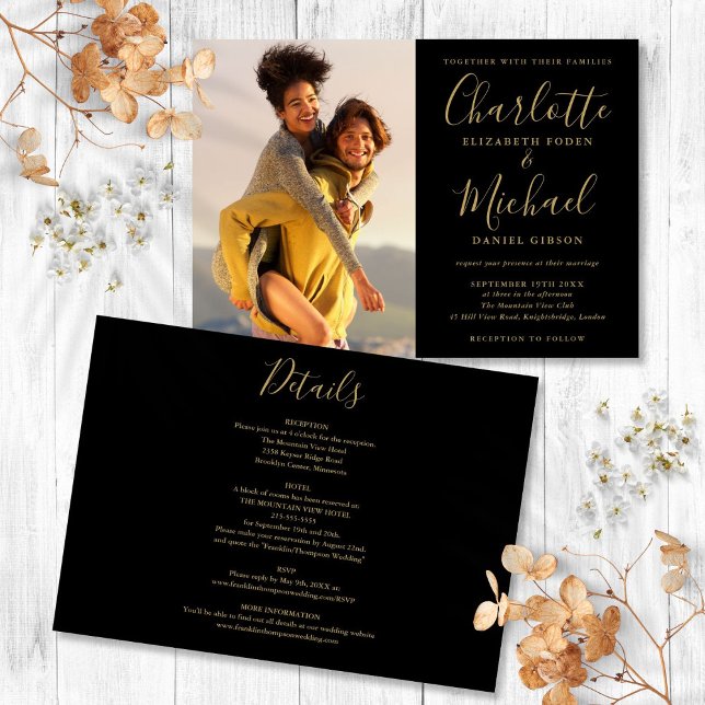 Invitation Mariage photo de script noir et or tout en un (Black And Gold Script Photo Wedding All In One Invitation)