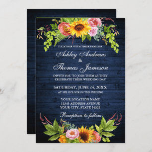 Invitation Mariage photo de tournesol Floral Rustic Blue Wood