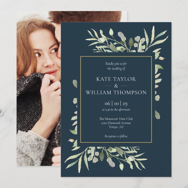 Invitation Mariage Photo de verdure bleu profond et or (Devant / Derrière)