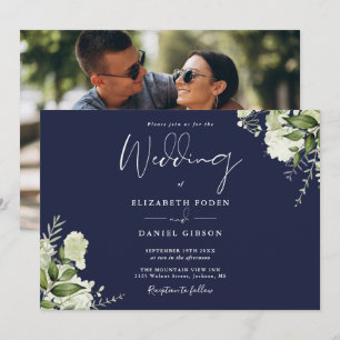 Invitation Mariage photo de verdure botanique bleu marine 