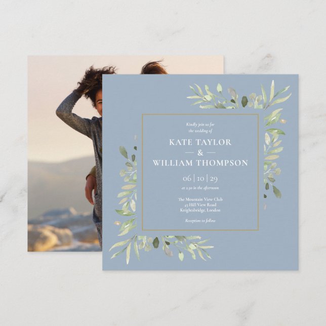 Invitation Mariage photo de verdure botanique bleu poussiéreu (Devant / Derrière)