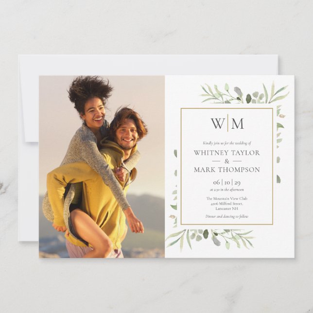 Invitation Mariage Photo de verdure botanique Monogramme (Devant)
