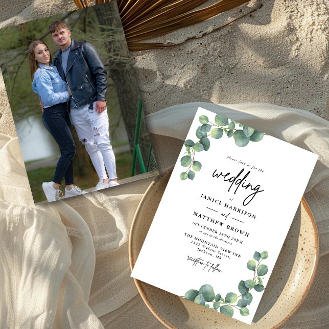 Invitation Mariage Photo de verdure botanique rustique d'euca (Eucalyptus greenery photo invitation adds natural charm and showcases your love story beautifully)