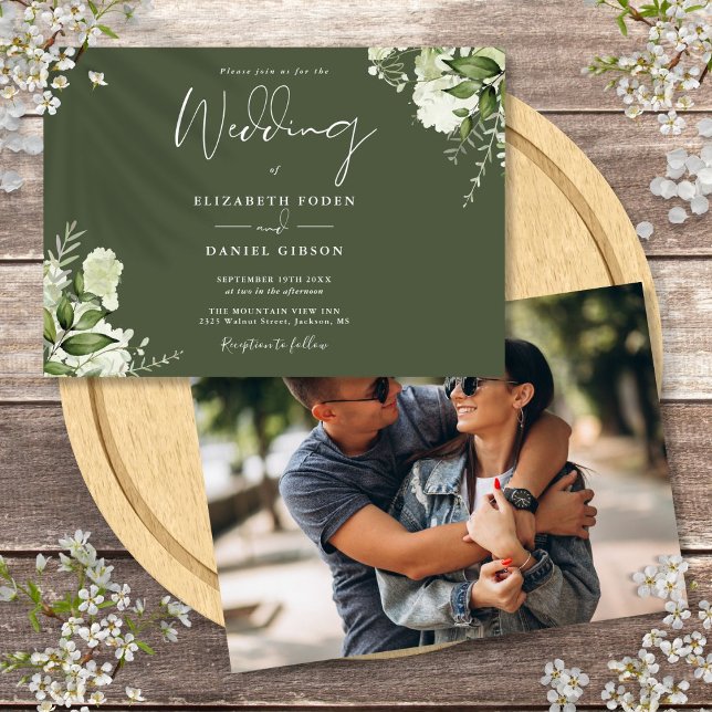 Invitation Mariage photo de verdure botanique vert olive (Olive Green Botanical Greenery Photo Wedding Invitation)