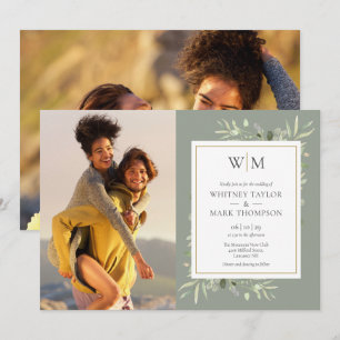 Invitation Mariage photo de verdure de sauge verte Monogramme