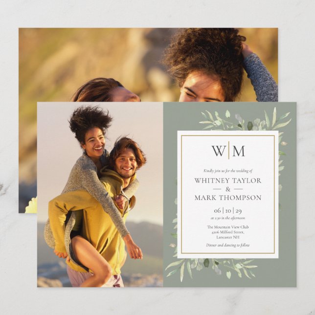 Invitation Mariage photo de verdure de sauge verte Monogramme (Devant / Derrière)