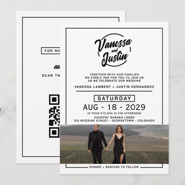Invitation Mariage photo décontracté avec code QR (Devant / Derrière)