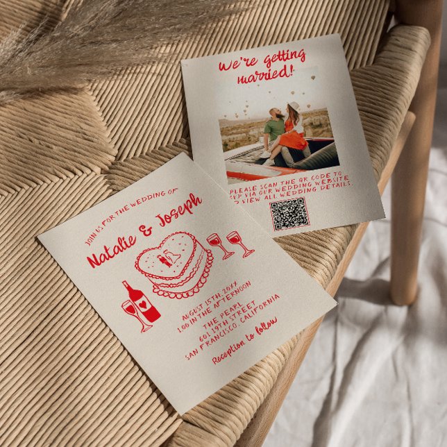 Invitation Mariage photo du gâteau rouge Quirky tiré à la mai (Créateur téléchargé)