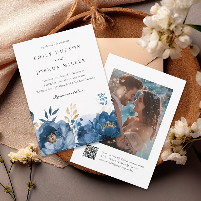 Invitation Mariage photo Dusky Blue Gold Floral QR (Créateur téléchargé)