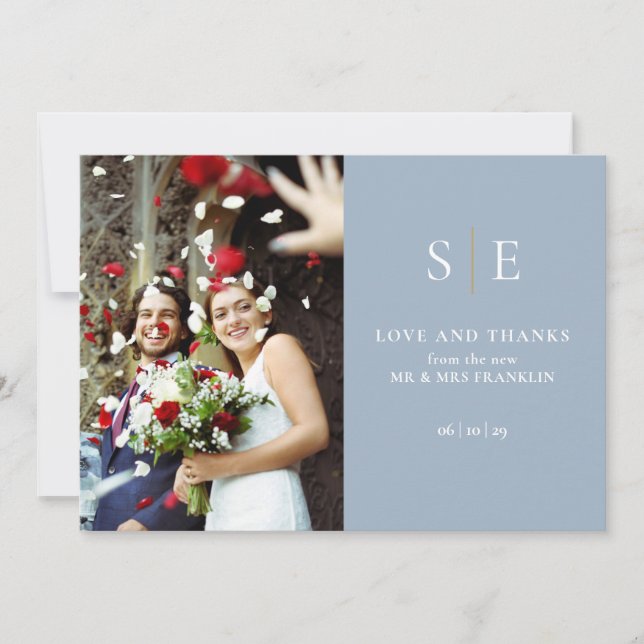 Invitation Mariage photo Dusty Blue And Gold Monogram 2 (Devant)