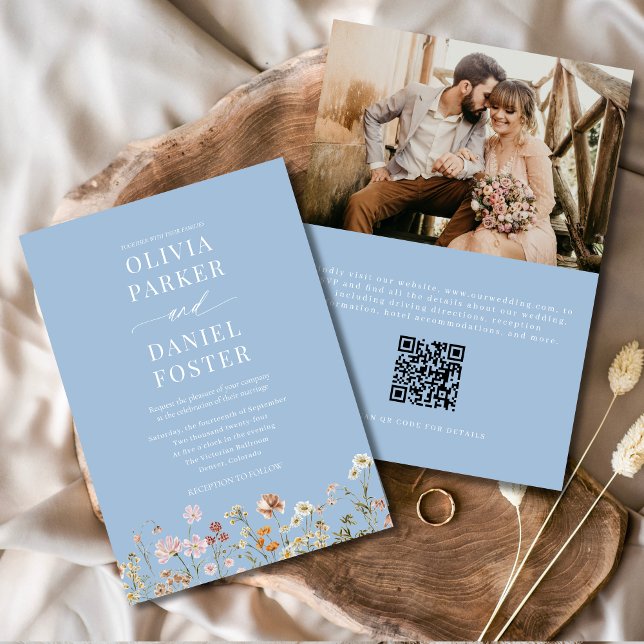 Invitation Mariage photo Dusty Blue Boho Fleur sauvage QR Cod (Créateur téléchargé)