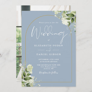 Invitation Mariage photo Dusty Blue Greenery Floral Gold Arch