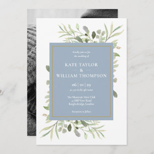 Invitation Mariage photo Dusty Blue Greenery Foliage