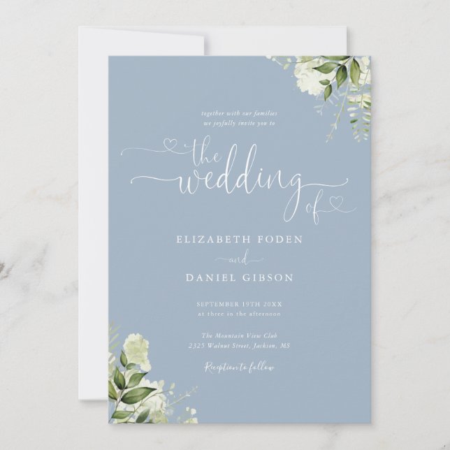 Invitation Mariage photo Dusty Blue Heart Script Foliage (Devant)