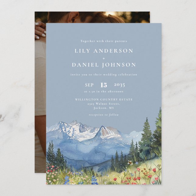 Invitation Mariage photo Dusty Blue Mountain Fleur sauvage (Devant / Derrière)