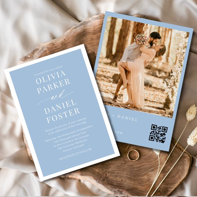 Invitation Mariage photo Dusty Blue QR Code (Créateur téléchargé)