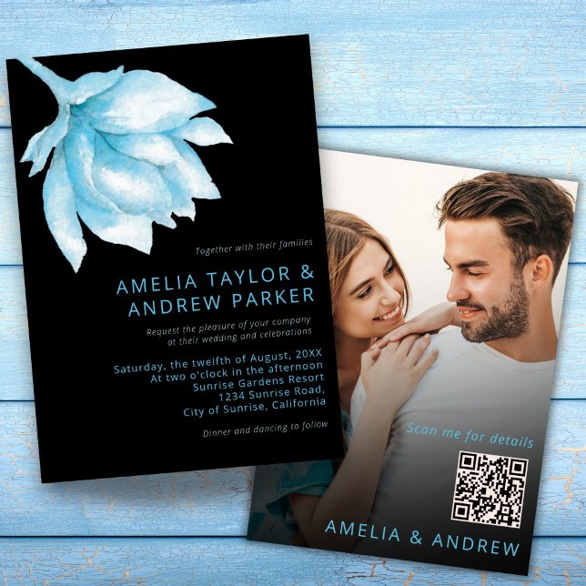 Invitation Mariage photo Dusty Blue Rose Aquarelle QR Code (Créateur téléchargé)