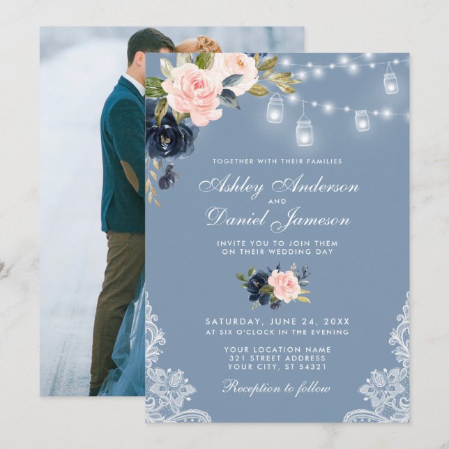 Invitation Mariage photo Dusty Blue Rose Floral Lights (Devant / Derrière)