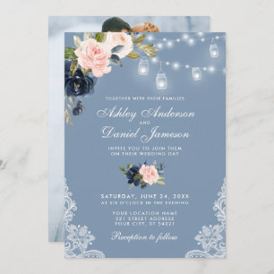 Invitation Mariage photo Dusty Blue Rose Floral Lights