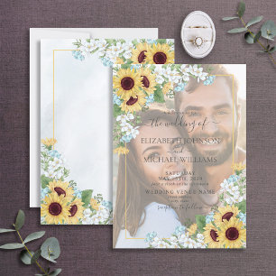 Invitation Mariage photo Dusty Blue Sunflower Vellum Overlay