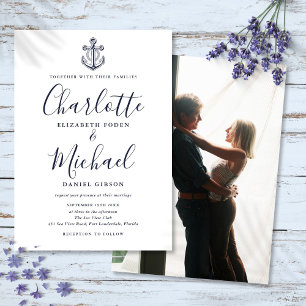 Invitation Mariage Photo Écriture Bleu Marine Ancre Nautioniq