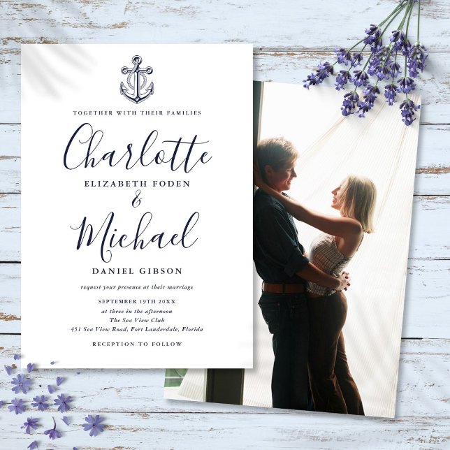Invitation Mariage Photo Écriture Bleu Marine Ancre Nautioniq (Navy Blue Script Nautical Anchor Photo Wedding Invitation)