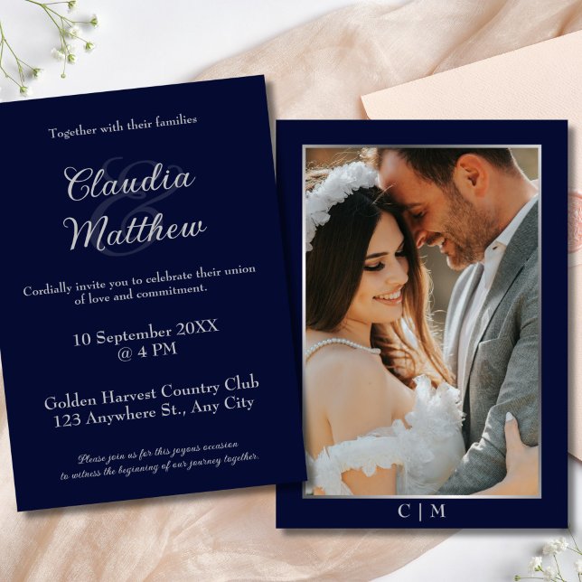Invitation Mariage Photo Écriture Bleue & Argent Élégante (Elegant Blue & Silver Script Photo Wedding Invitation)