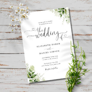 Invitation Mariage Photo Écriture Cœurs Chic Feuilles de Verd