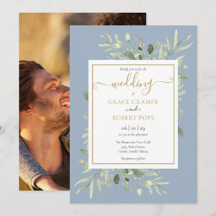 Invitation Mariage Photo Écriture Or Bleu Poussiéreux de Verd